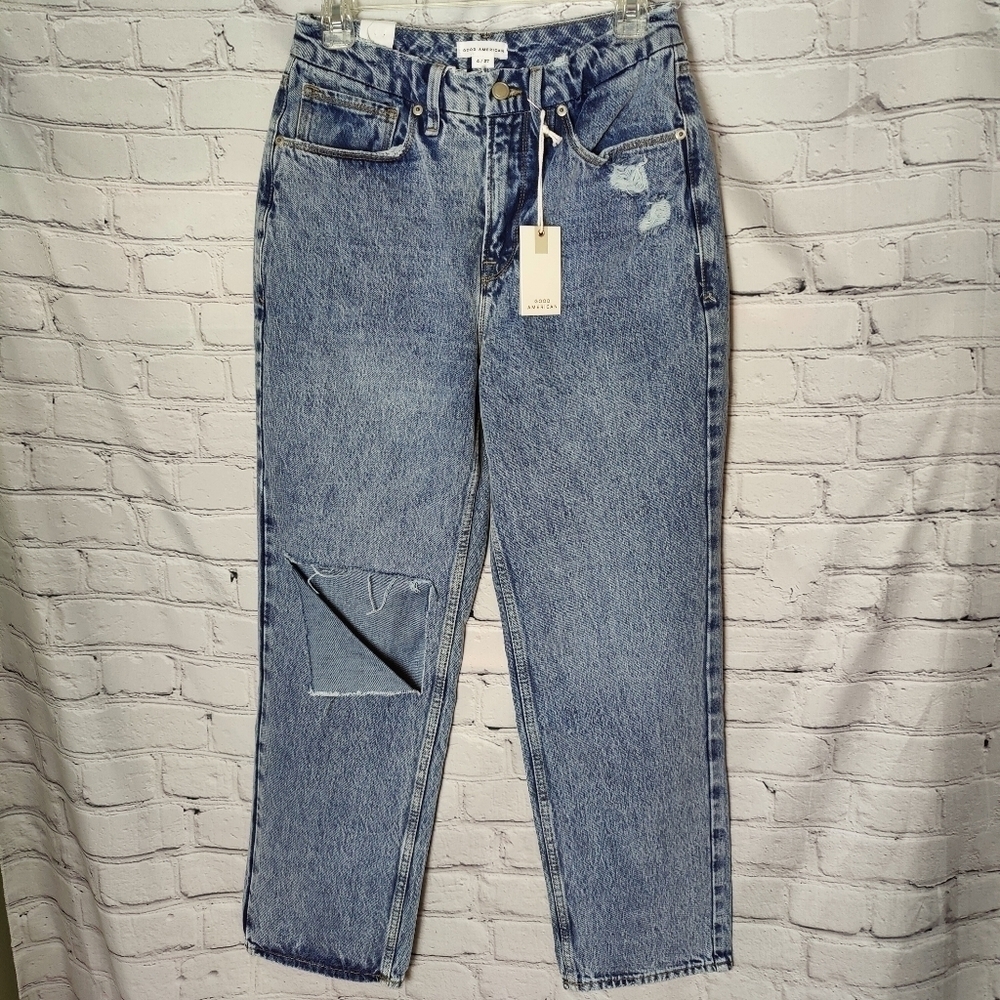Good American Good Classic Curvy High Waist Ripped Knee Jeans Size 4/27